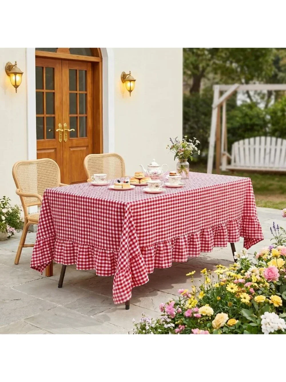 Red & White Gingham Ruffled Tablecloth - 100% Cotton, Rectangular for Farmhouse